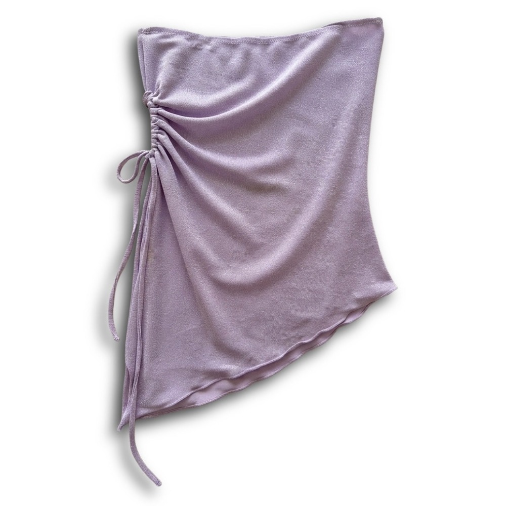 Purple Asymmetrical Ruched Tube Top Lavender Sheen Handkerchief Hem XS